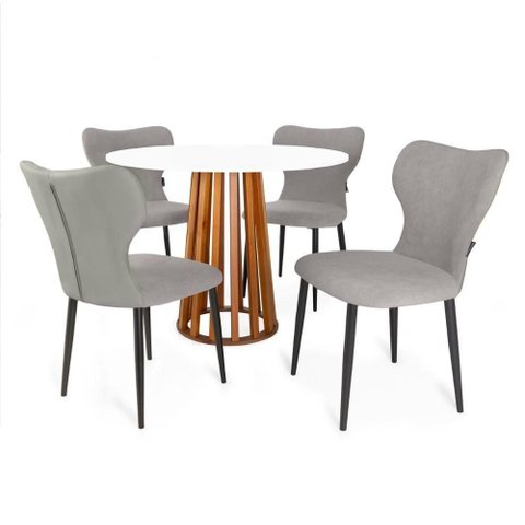 Conjunto Mesa de Jantar Redonda Talia Amadeirada Branca 100cm com 4 Cadeiras Estofadas Jacobsen -