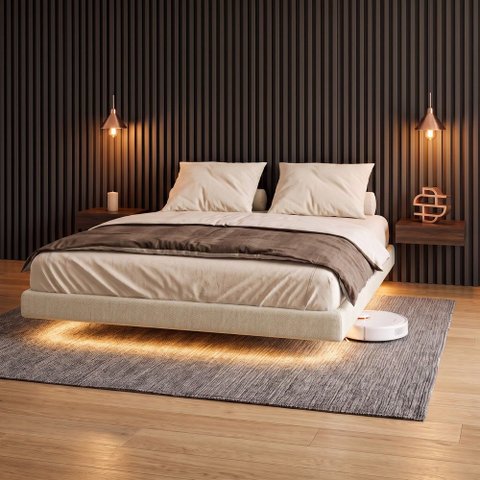 Cama Box King Osaka Flutuante Estilo Japonesa 193x203 Base Estofada Linho Bege - Abmaza
