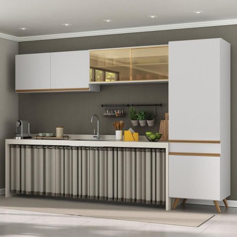 Armário Cozinha Modulada Compacta com Vidros 302cm 3 Peças Veneza Multimóveis Mp2299