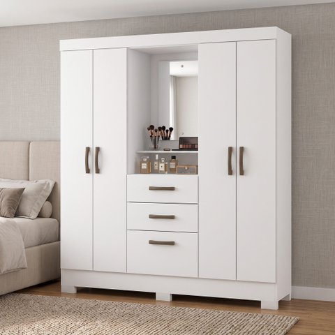 Guarda-Roupa Solteiro Capelinha com Espelho 4 Portas, 3 Gavetas e Pés Mirabilis Branco