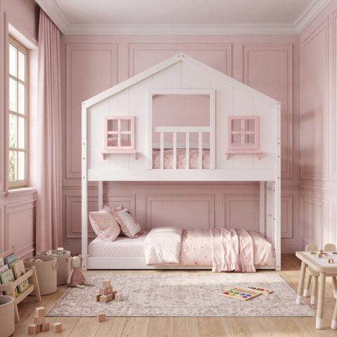 Beliche Montessori Infantil Solteiro Casinha Dos Sonhos com Varanda Madeira Maciça Branco Rosa