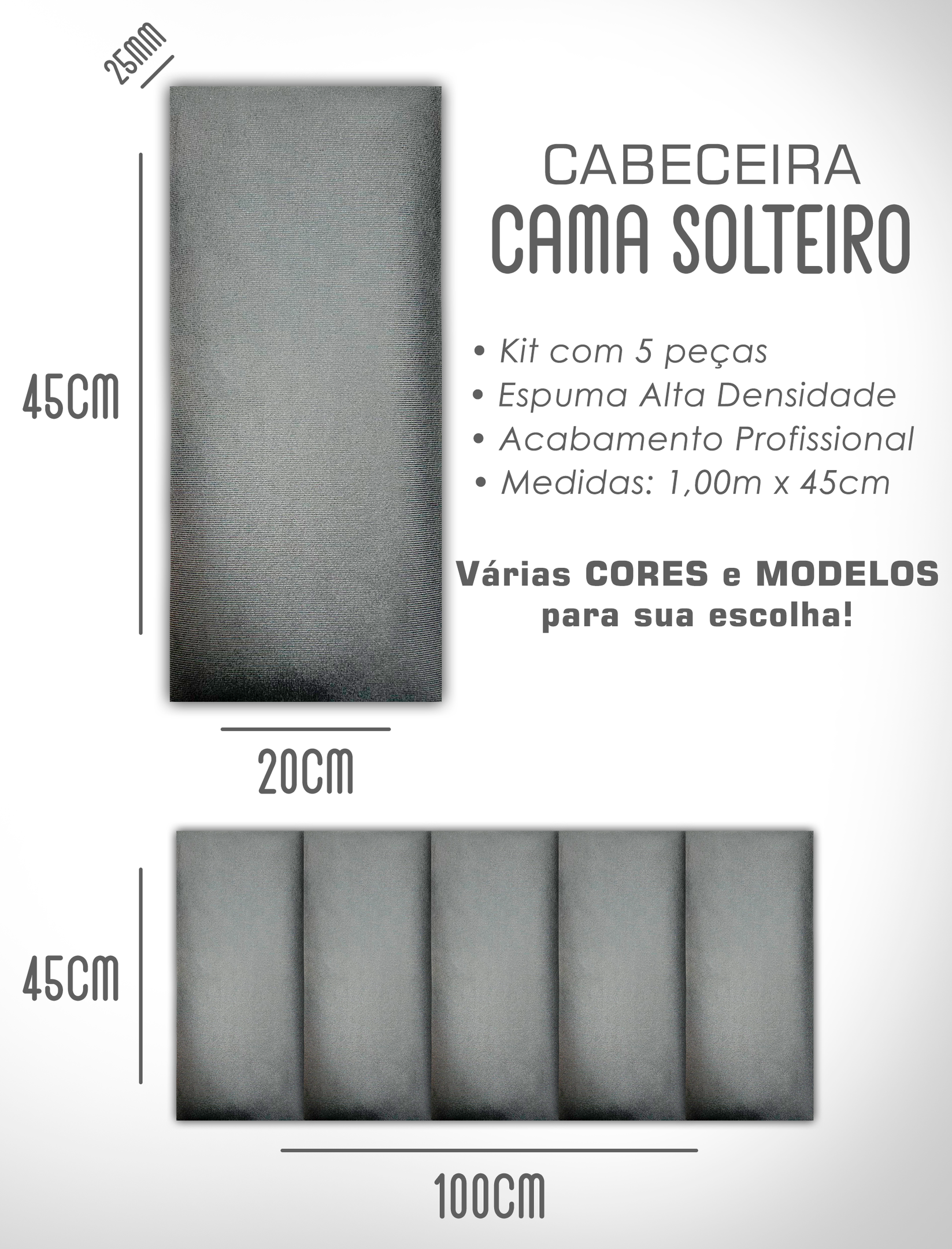 Kit 5 Cabeceiras de Cama Solteiro Estofada Modulada 1,00mx45cm - 5