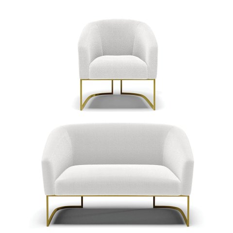 Sofá Namoradeira e Poltrona Base Industrial Dourado Stella Bouclê Off White D03 - D'Rossi