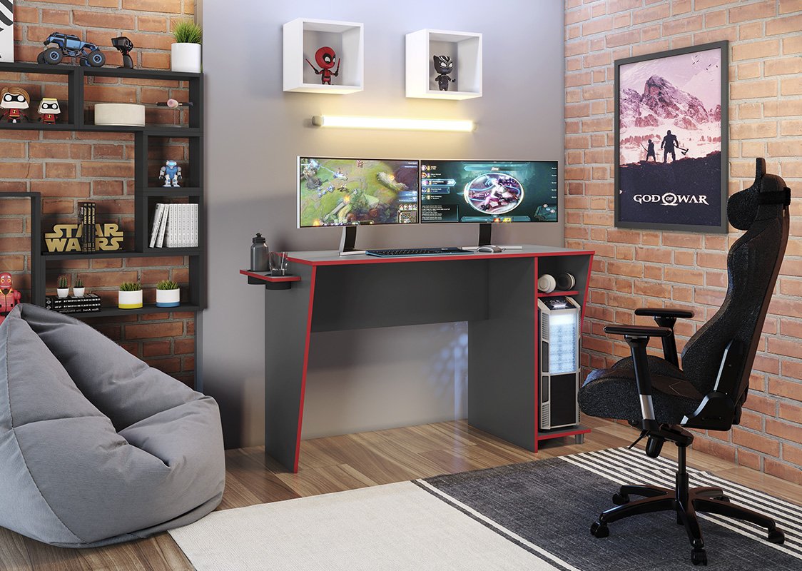 Mesa Gamer Cyber Candian JCM Móveis: Grafite/ Vermelho | MadeiraMadeira