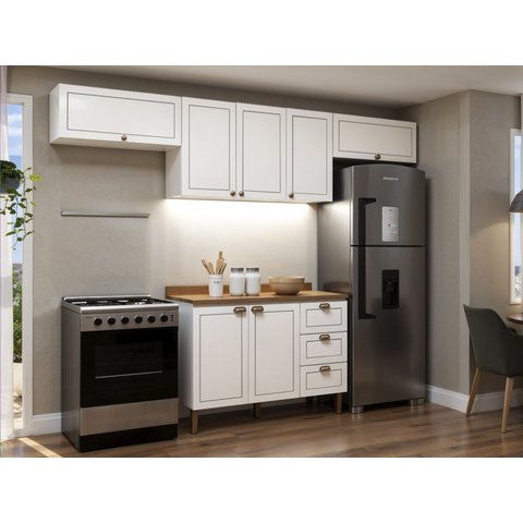 Cozinha Completa Modulada 4 Peças com Tampo Frentes em MDF Americano Branco/Ébano