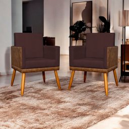 Kit 2 Poltronas Decorativa para Sala Recepção Escritório Consultório Lis Corino Peroba e Suede - 2