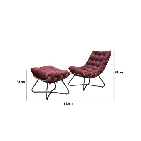 Poltrona Costela Decorativa com Puff Madeira Eva Preto - Bordo