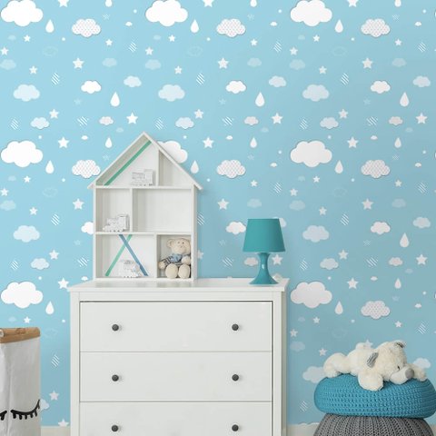 Papel de Parede Infantil - Nuvens, Gotas e Estrelas Arte Destaque 1,50 Metros