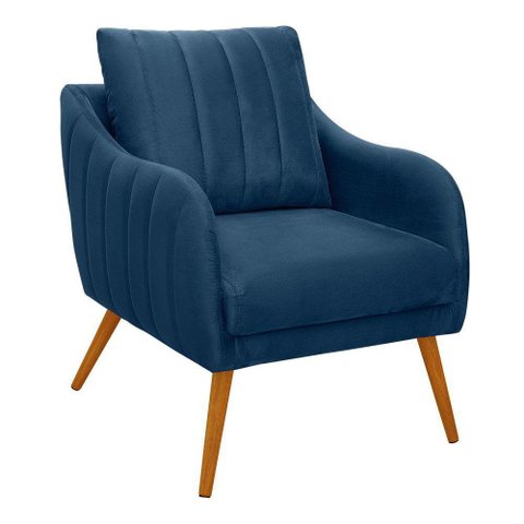 Poltrona Salem Veludo Azul Marinho Pés Palito Castanho
