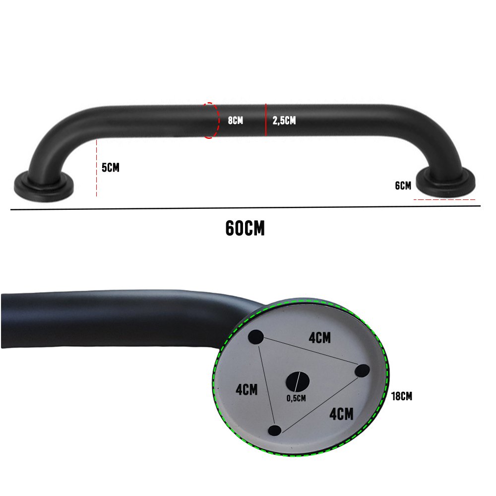 Barra de Apoio Inox 60cm Alça Preta Kit 3 Unidades Idoso Deficiente Acessibilidade Banheiro Box - 5