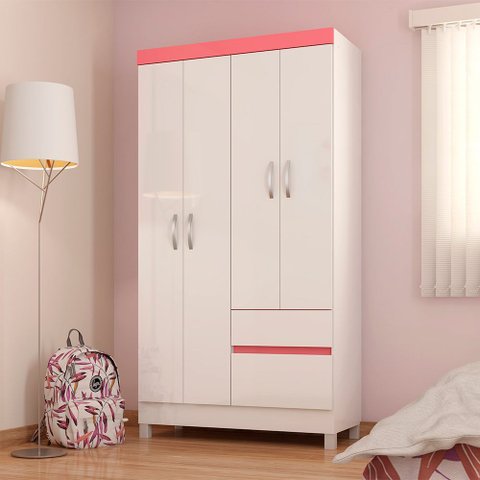 Guarda Roupa Roupeiro 04 Portas Lotus Branco Rosa Flex Demóbile