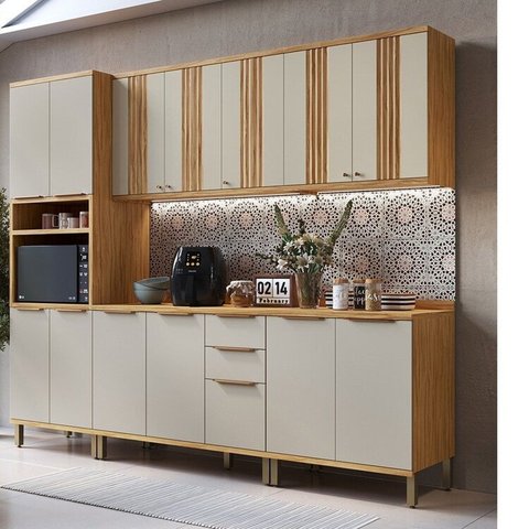 Cozinha Completa 100% MDF 5 Peças 13 Portas e Tampo 270cm Noruega Canelada Espresso Móveis Bege/Amêndoa/Off White