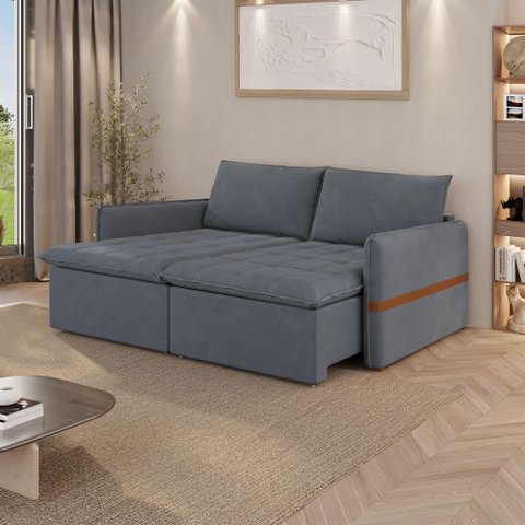 Sofá Cama Retrátil Renno D28 com Detalhe em Couro:Suede Grafite/220cm