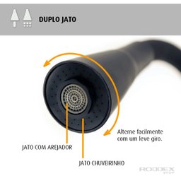 Torneira de Cozinha Preto Gourmet Parede com Filtro Inox Flexível bico Arejador Duplo Jato - 3