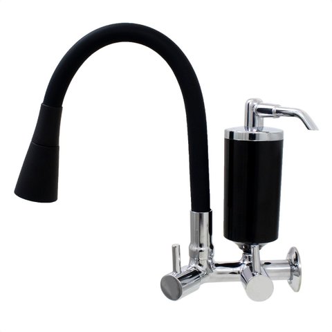 Torneira de Cozinha Preto Gourmet Parede com Filtro Inox Flexível bico Arejador Duplo Jato
