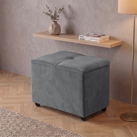 Puff Baú 60cm Porta Brinquedos Organizador com Assento Decorativo para Quarto Infantil Cinza