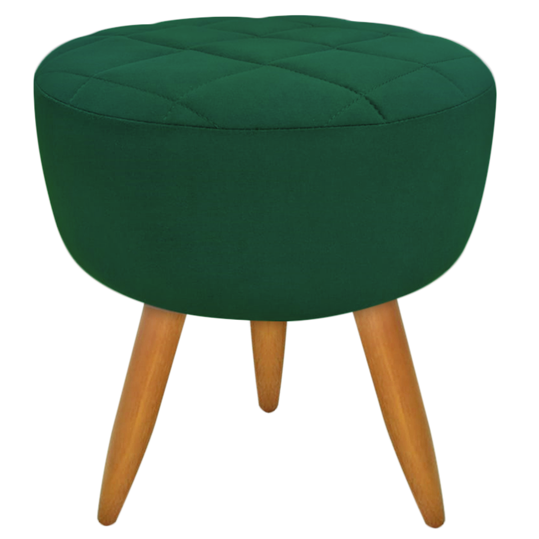 Puff Banqueta Redondo Maitê Matelasse Para Sala Quarto Penteadeira Suede Verde Escuro Pés Natural