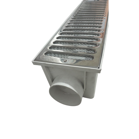 Grelha Pluvial modelo 15x50 Inox c/ Caixa Coletora Modular Branca Multi Saídas e Tela Anti Insetos -