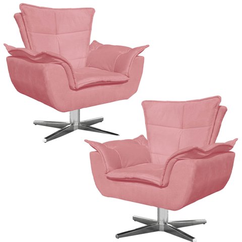 Kit 2 Poltronas Decorativas Base Giratória Cromada Charger Suede Rosê - Gran Belo