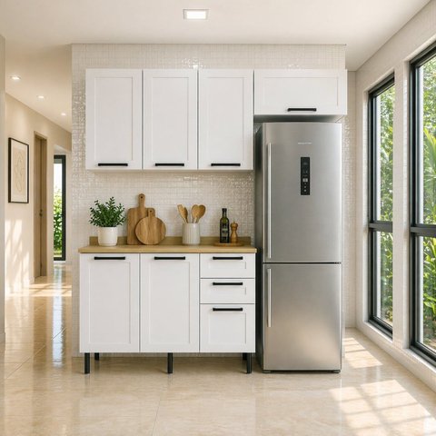 Cozinha Compacta Modulada 3 Peças MDF Linha Grazi Branco/Carvalho Tropical