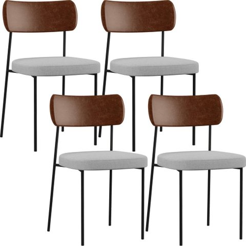 Kit 04 Cadeiras para Sala de Jantar Melina L02 Couríssimo Marrom Linho Cinza - Lyam Decor