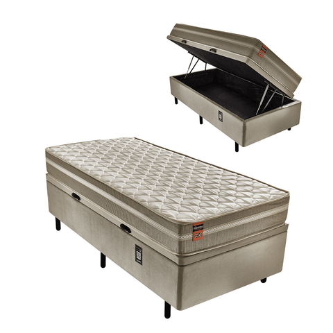 Cama Box Bau com Colchão Solteiro Molas Max Force Pérola Bege 88x188 Fortezza Colchões