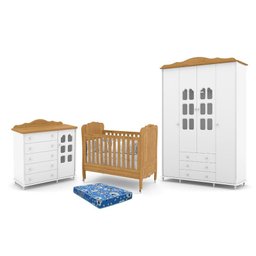 Dormitório Infantil Provence New Guarda Roupa, Cômoda Slim e Berço Branco Soft/Freijó com Colchão - - 1 Dormitório Infantil Provence New Guarda Roupa, Cômoda Slim e Berço Branco Soft/Freijó com Colchão - - 1
