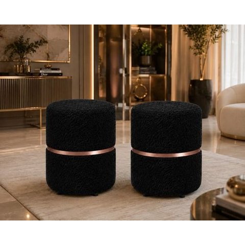 Kit de Puff com Cinta no Meio Rose Gold, Cor Preto Boucle - Let Móveis