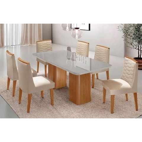 Sala Jantar Mesa Maldivas Tampo c/ Vidro Curvo 180cm+6 Cadeiras Maldivas Madeira Naturale/Off White