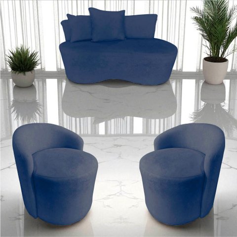 Kit Namoradeira + 2 Poltronas Yara Orgânica Suede Azul Marinho