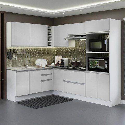 Armário de Cozinha Completa de Canto 100% MDF 419cm Frentes Branco Brilho Acordes Madesa 03