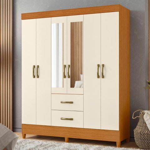 Guarda Roupa 6 Portas Cancun com Espelho Cinamomo Off White