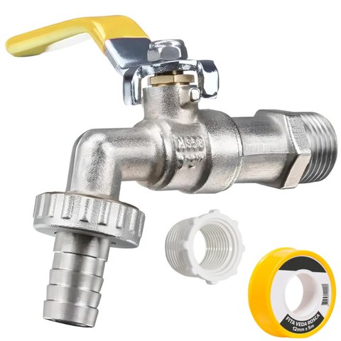 Torneira de Metal para Jardim Quintal com Bico 1/2" + Bucha de Redução 3/4" para 1/2" + Fita Veda Ro