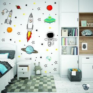 Adesivo de Parede Infantil Astronauta Foguete Galaxia Ovnis
