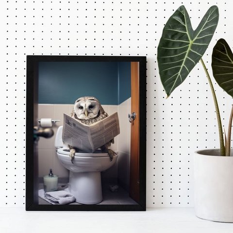 Quadro Decorativo Coruja no Banheiro 24x18cm - com Vidro:madeira Branca
