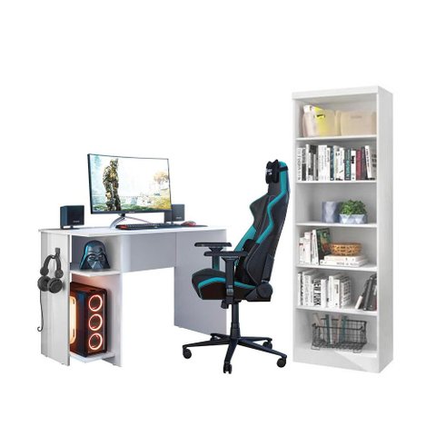 Escritório com Escrivaninha e Livreiro Branco - Fdecor
