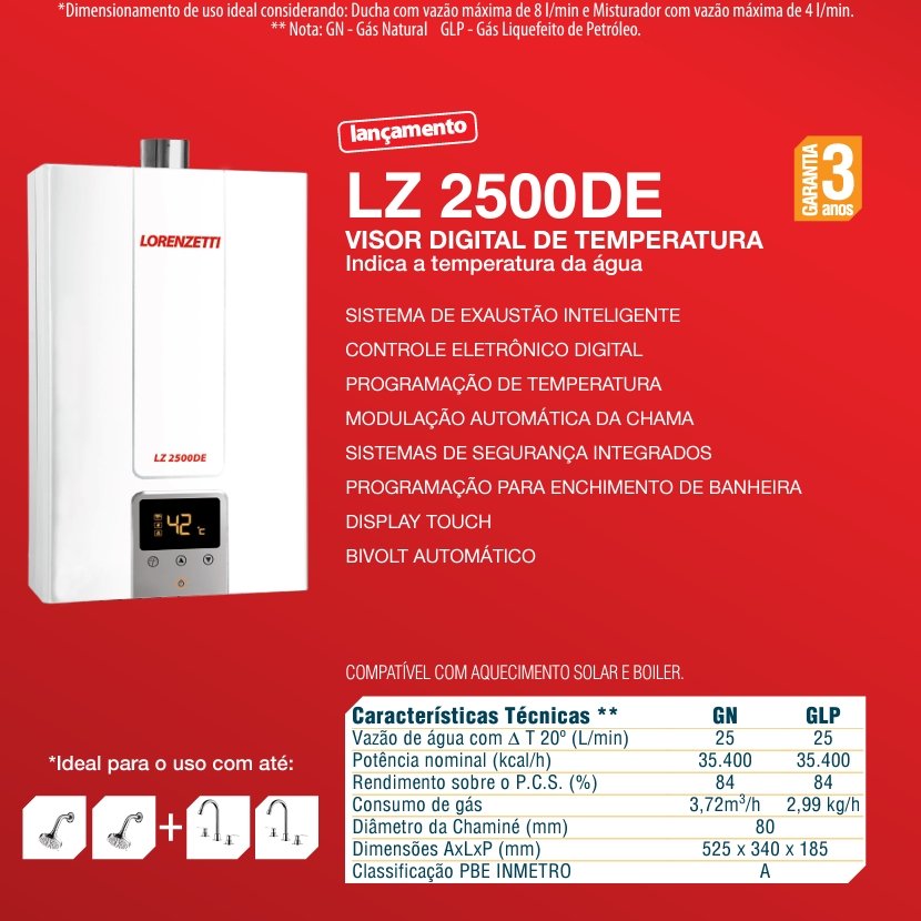 Aquecedor de Água a Gás Lorenzetti 25 Litros Lz2500de-b Branco para Glp (digital) - 2