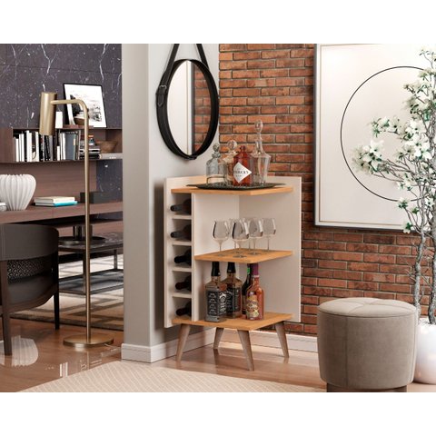 Aparador com Adega Horizontal Canto Pés Palito Santiago Cor Off White/nature - Comprar Moveis em Cas