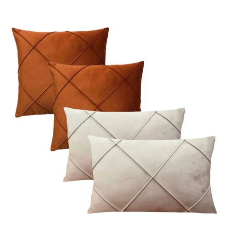 Kit 4 Capas para Almofada em Veludo Drapeada Retangular Bege e Terracota Quadrada