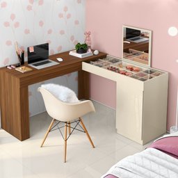 Escrivaninha e Penteadeira Camarim Star com Espelho Freijó/off White - Ninho Decor - 1