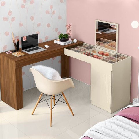 Escrivaninha e Penteadeira Camarim Star com Espelho Freijó/off White - Ninho Decor