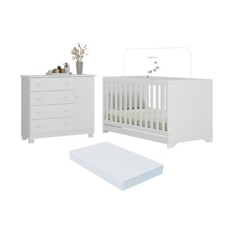 Berço Americano 3 em 1 com Colchão Incluso e Cômoda 1 Porta 4 Gavetas Allegra Multimóveis Mp4696