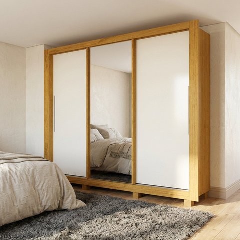 Guarda-Roupa Casal com Espelho em MDF com 3 Portas de Correr e 4 Gavetas Casuá Naturale Off White