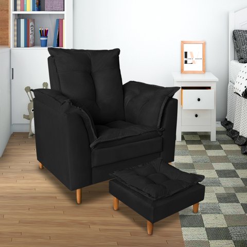 Poltrona Confortável para Amamentação com Puff Fibras Macias Preto
