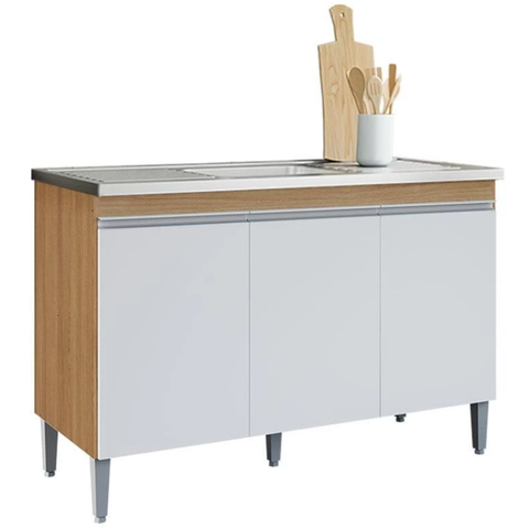 Balcão Gabinete de Pia Manu 120cm S/ Tampo Amendôa/ Branco - Ajl Móveis