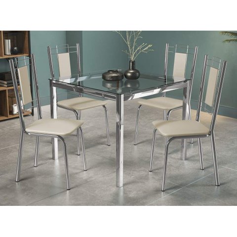Conjunto Sala de Jantar Mesa com 4 Cadeiras Estofadas Cromado 051 Kappesberg Crome Cromado/nude
