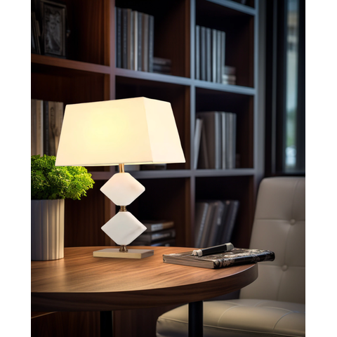 Abajur Moderno de Mesa Derco Mármore Branco e Detalhes Dourado