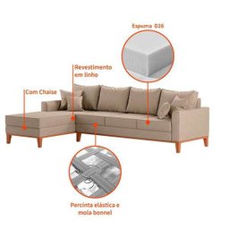 Sofá Beny com Chaise Esquerda, 1,40x2,60m, 4 Lugares, Linho, Base em Madeira. (bege) - 2