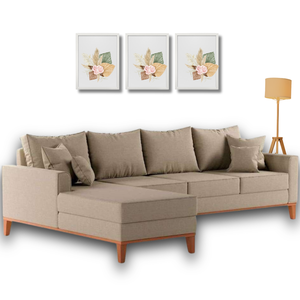 Sofá Beny com Chaise Esquerda, 1,40x2,60m, 4 Lugares, Linho, Base em Madeira. (bege)