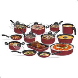 Jogo de Panelas 13 Pçs Vermelho Antiaderente Tampa de Vidro - 1